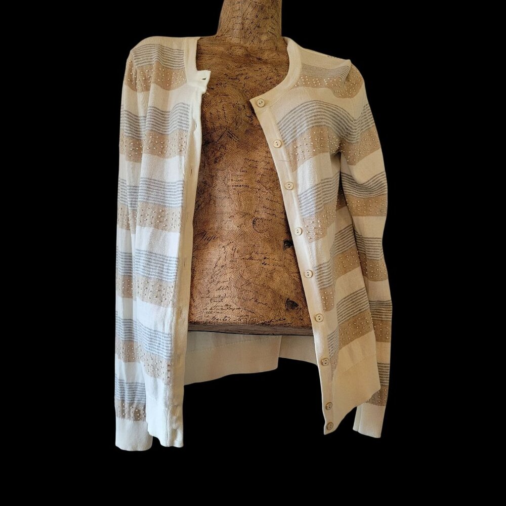 Tommy Hilfiger Womens Striped Cardigan With Pearl Accents 100% Pima Size M